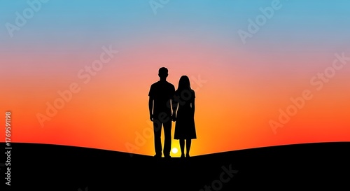 Silhouette of a couple holding hands against a vibrant sunset backdrop.