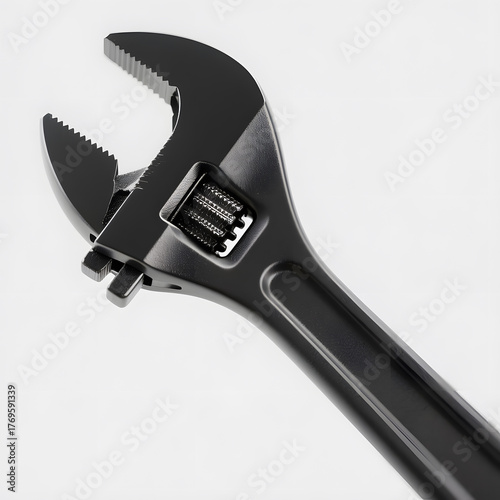 Adjustable wrench and nut on white background