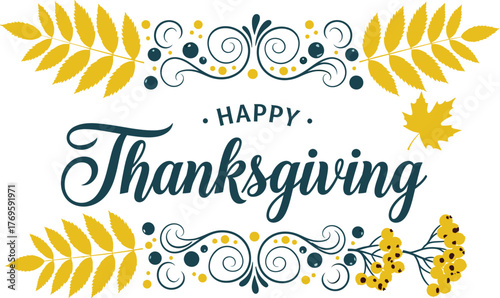 Happy thanksgiving text with decorative leaves and berry illustration