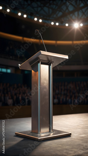 Metallic podium with microphone in empty auditorium