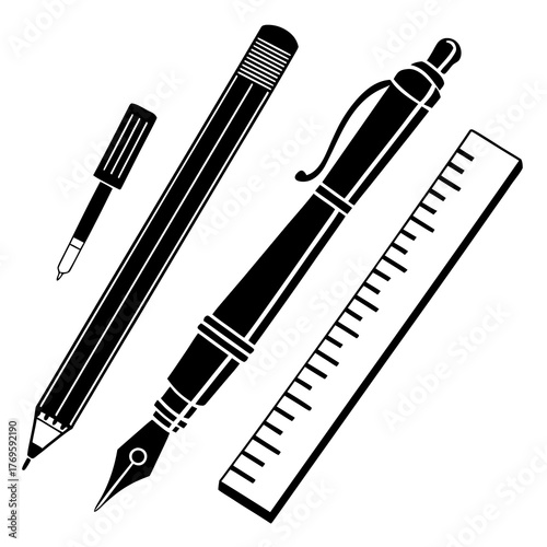 Stationery set featuring a fountain pen, technical pen, pencil, and ruler, ideal for illustrating writing, drawing, and precise measurement tasks