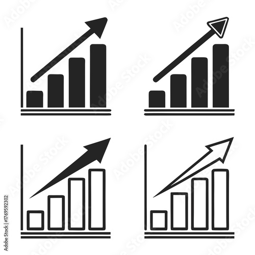 This vector image showcases four distinct growth chart icons, each displaying an upward trajectory with bars and arrows
