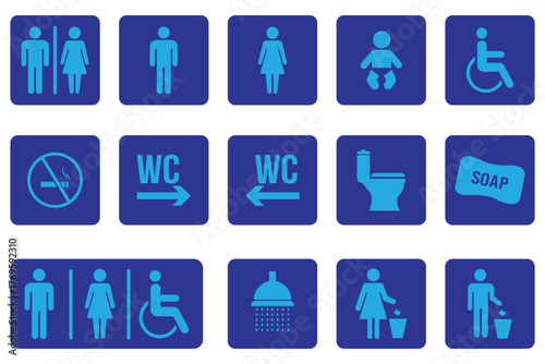 Collection of restroom and facility icons with male female and unisex accessible baby changing shower and toilet icon with modern style.