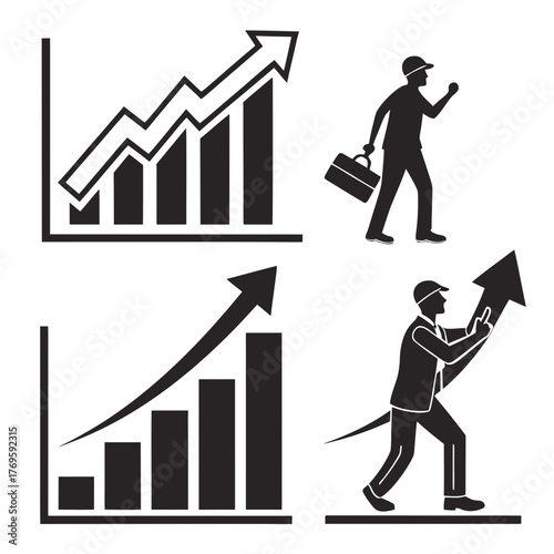 This vector art presents a compilation of growth chart icons and business people, illustrating progress and success in a dynamic and engaging manner