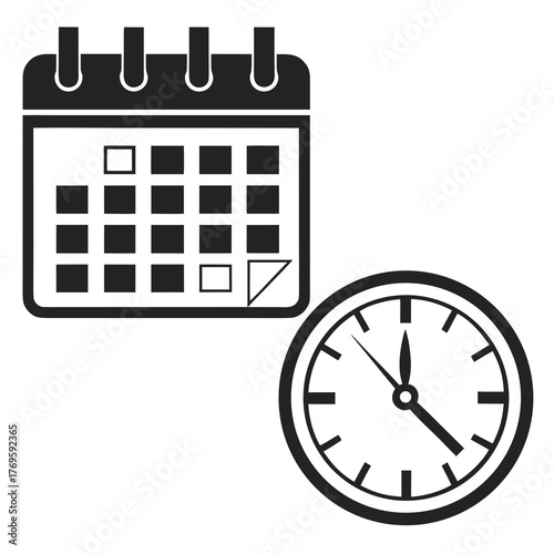 This vector illustration features a calendar and a clock, symbolizing time management and scheduling, presented in a clean and minimalist design