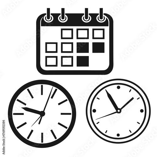 A black and white vector illustration featuring a calendar and two clocks, , symbolizing time management, scheduling, and reminders for important events and deadlines