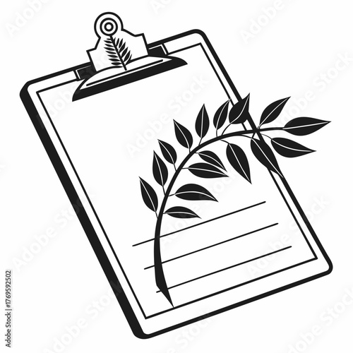A clipboard with a blank sheet and a branch with leaves, it represents taking notes, making plans, or recording observations in a natural or botanical context