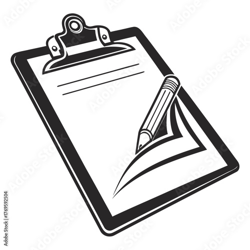 A clipboard with a sheet of paper being written on by a pencil, symbolizing creativity, documentation, or recordkeeping