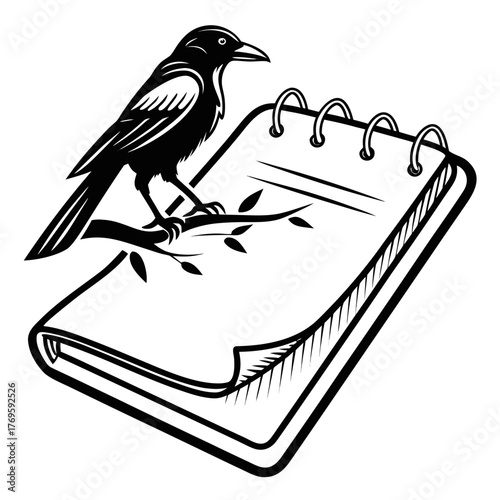 A magpie perched on a branch next to a notepad, it represents taking notes, observing nature, or capturing ideas in a creative setting
