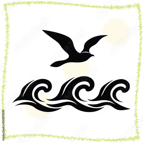Stylized ocean waves and soaring bird vector graphic showcasing a serene seaside scene with minimalist design and tranquil natural elements suitable for prints and web design