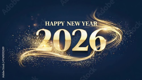 Golden 2026 Happy New Year celebration with swirling light streaks and sparkling particles on a