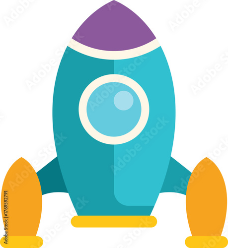 Colorful cartoon rocket ship launching to space, exploring the universe