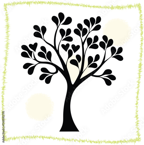 Stylized black tree with heart shaped leaves against a white background and two textured circles offering a modern nature inspired design ideal for creative projects