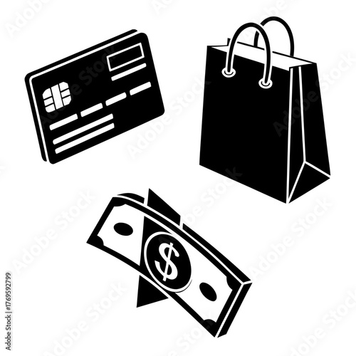 This vector illustration showcases a credit card, a shopping bag, and a stack of dollar bills, all isolated on a clean, representing modern payment methods and consumerism