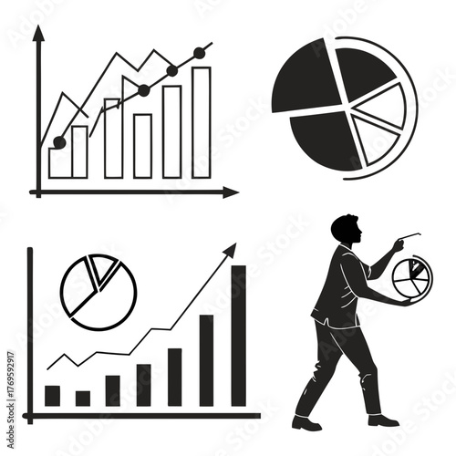 This vector image displays a compilation of businessthemed visuals, featuring bar graphs, line graphs, pie charts, and a silhouette of a person presenting data