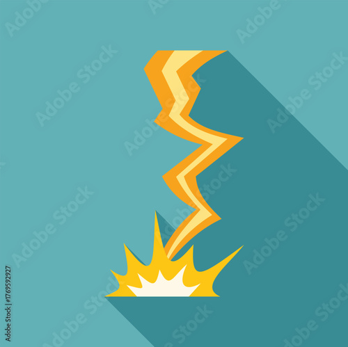 Lightning bolt striking the ground, creating a bright flash of light, with a long shadow cast on a teal background