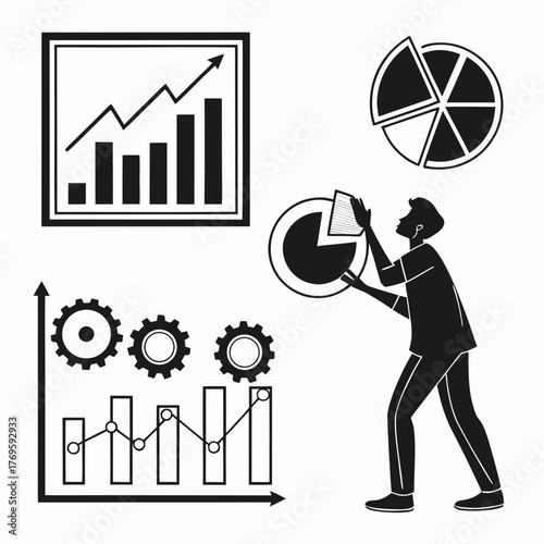 A man is shown placing a piece into a pie chart, surrounded by bar graphs, line graphs, and gears, all in a monochrome vector illustration
