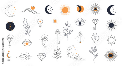 A collection of celestial and mystical icons featuring moons, suns, eyes, diamonds, and plants.
