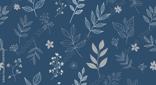 Seamless pattern of delicate white leaf and flower illustrations on a deep blue background.