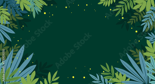 Dark green background with lush tropical leaves and glowing fireflies adorning the edges.