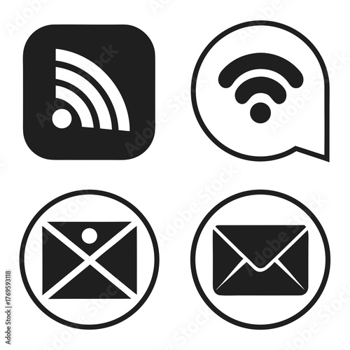 This vector graphic features a collection of communication icons, including rss feed symbols and email envelopes, all rendered in a clean, minimalist style
