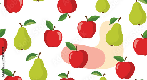 A seamless pattern of red apples and green pears against a white background.