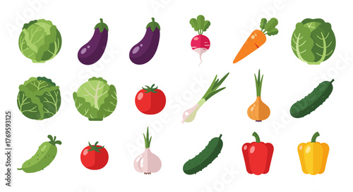 Collection of fresh and colorful vegetables arranged in rows on a white background.