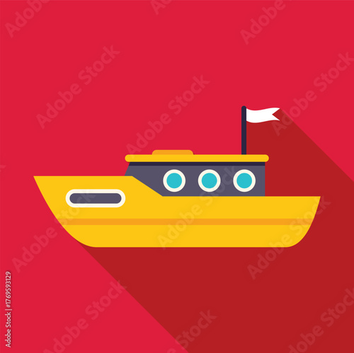 Yellow passenger ship sailing on red background, showcasing marine transport and travel concepts