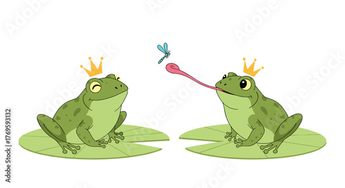 Two cartoon frogs wearing crowns sit on lily pads with one frog trying to catch a dragonfly with its tongue.