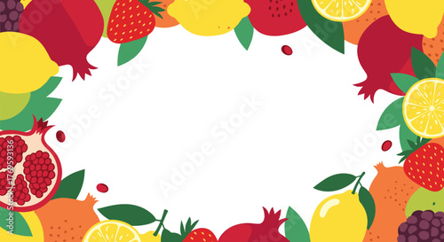 Colorful fruit border with pomegranates, strawberries, lemons and oranges on a white background.