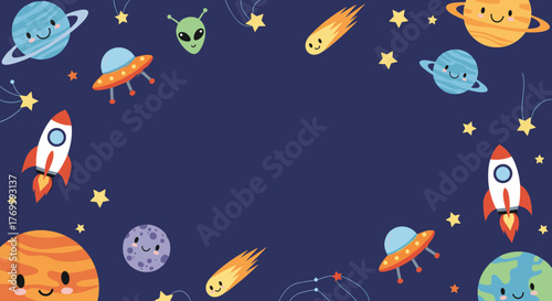 Cute cartoon space elements including planets, rockets, aliens, and flying saucers against a dark blue background.