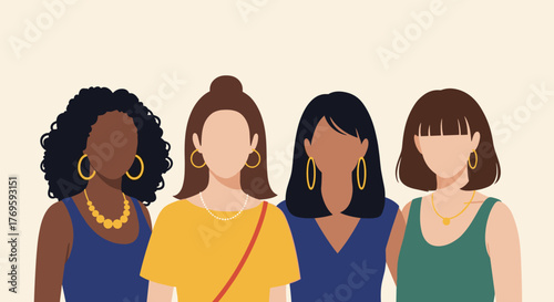 Diverse group of women with different skin tones and hairstyles stand together.
