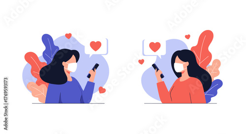 Two women wearing face masks interact with their smartphones, sending virtual hearts to each other.
