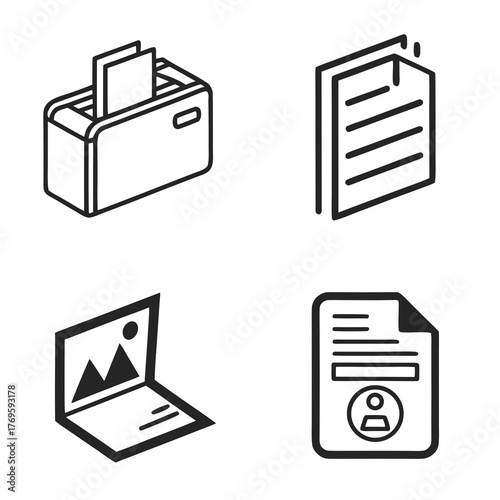 Isometric outline file shredder, document, laptop, and resume icon set contains black and white versions of a shredder, a document, a laptop, and a resume