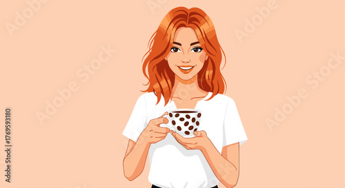 A smiling woman with red hair holds a coffee cup with coffee beans on it against a peach background.