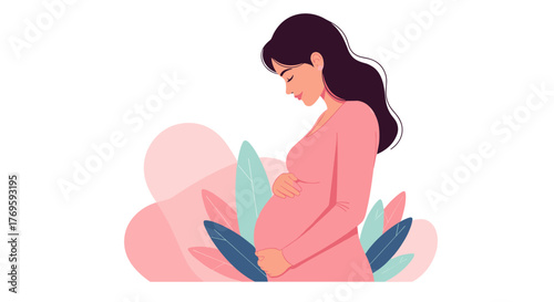 Illustration of a pregnant woman holding her belly with a soft, floral background.