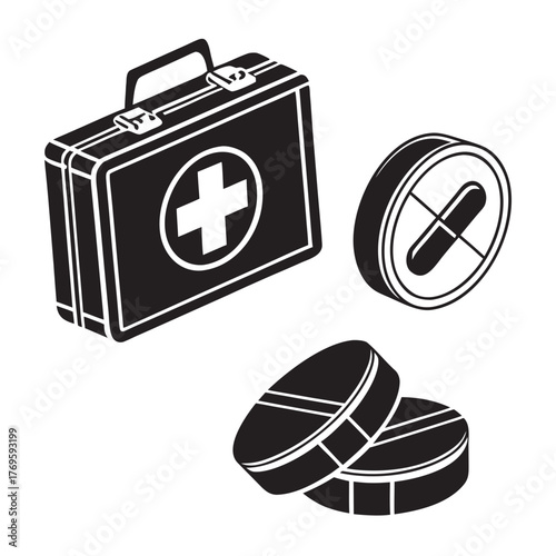 This vector illustration features a first aid kit and tablets, perfect for medical, health, and safety related designs and user interfaces