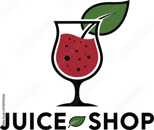 Illustration of juice shop logo with glass and leaf on white background