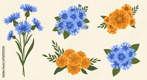 Collection of delicate blue cornflowers and vibrant orange flowers with green leaves on a cream background.