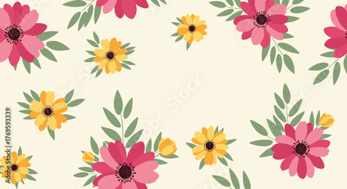 Vector pattern with delicate pink and yellow flowers and green leaves on a cream background.