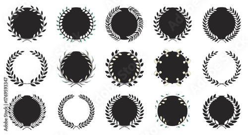 Collection of circular laurel wreaths and emblems for awards and achievements.