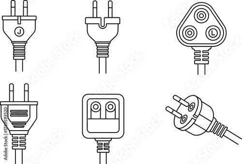 Illustration of six different types of electrical power plugs outline