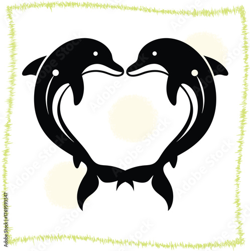 Pair of Dolphins Forming a Heart Shape Symbolic of Marine Life and Love for Aquatic Creatures Featuring a Stylized Design on White Backdrop