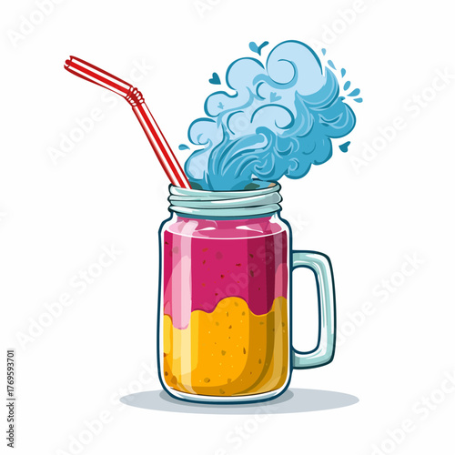 A dense, colorful smoothie is trapped inside a glass jar, while greasy smoke escapes from the lid.