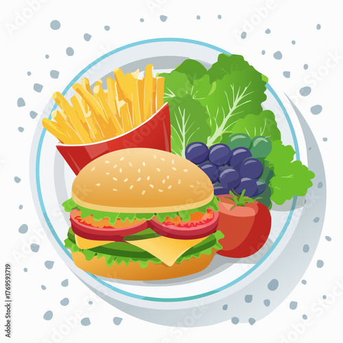 A vibrant plate of fresh fruits and vegetables placed opposite a greasy burger and fries.