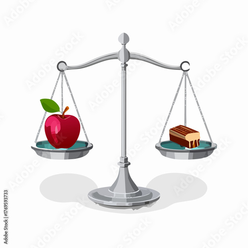 An apple and a candy bar placed on a weighing scale with the balance tipping toward the apple.