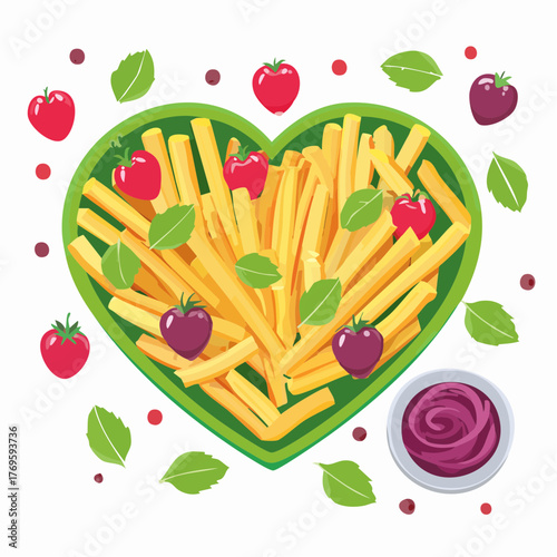 A heart-shaped fruit platter placed opposite a bowl of salted French fries.