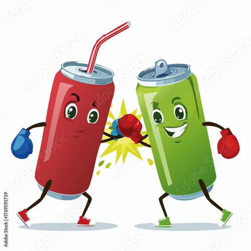 A smoothie bottle with fresh greens battling against a fizzy soda can in a boxing match.