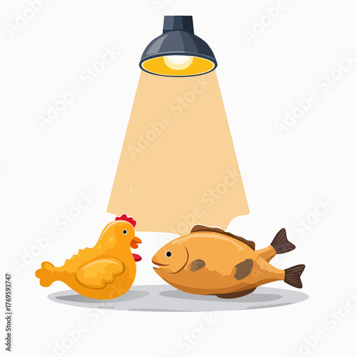 A glowing baked fish fillet placed next to greasy fried chicken under a spotlight.