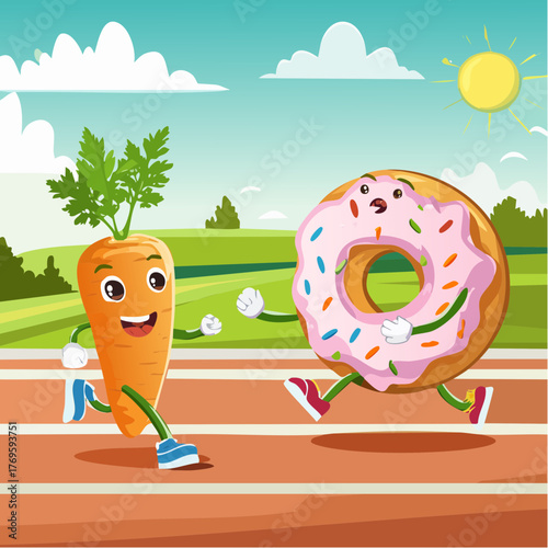 A carrot running in a track race against a dazed frosted donut under sunny skies.